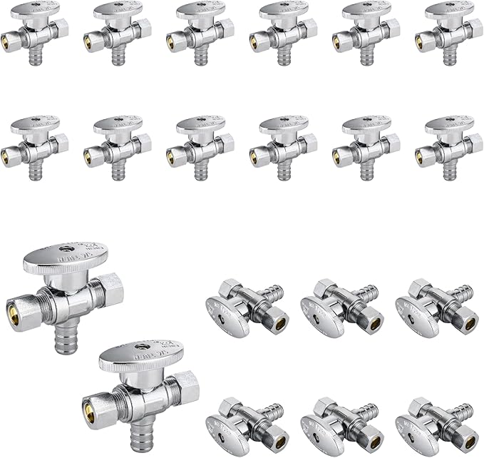 20-Pack Foskan Dual Outlet Angle Stop Valve,1/4 Turn Shut off Valve,1/2" PEX x 3/8" OD x 3/8" OD,Chrome Plated Brass