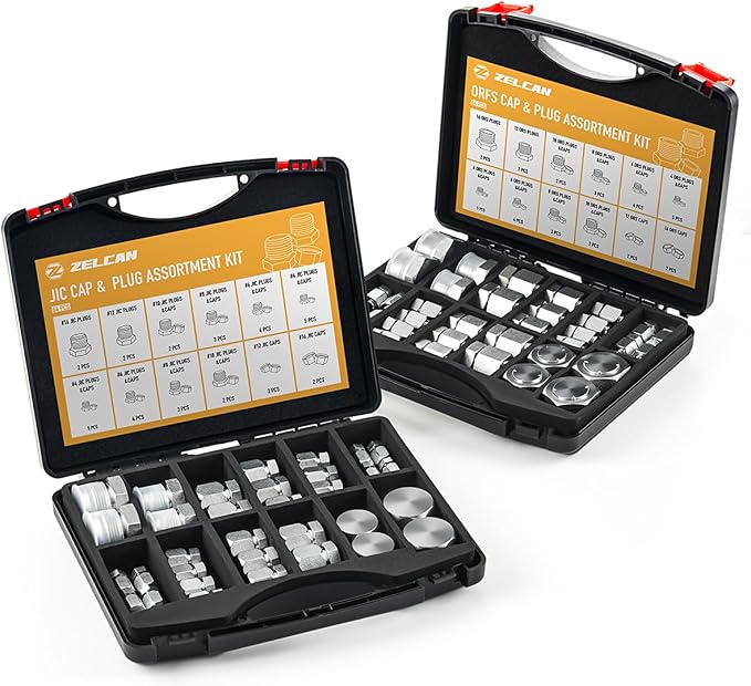 ZELCAN JIC and ORFS Industrial Hydraulic Cap and Plug Hose Tube and Pipe Fitting Kit Cap and Plug Kit with Galvanized 45# Steel and Precision Threading in ORFS and 37° Dash Sizes 4 6 8 10 12 16
