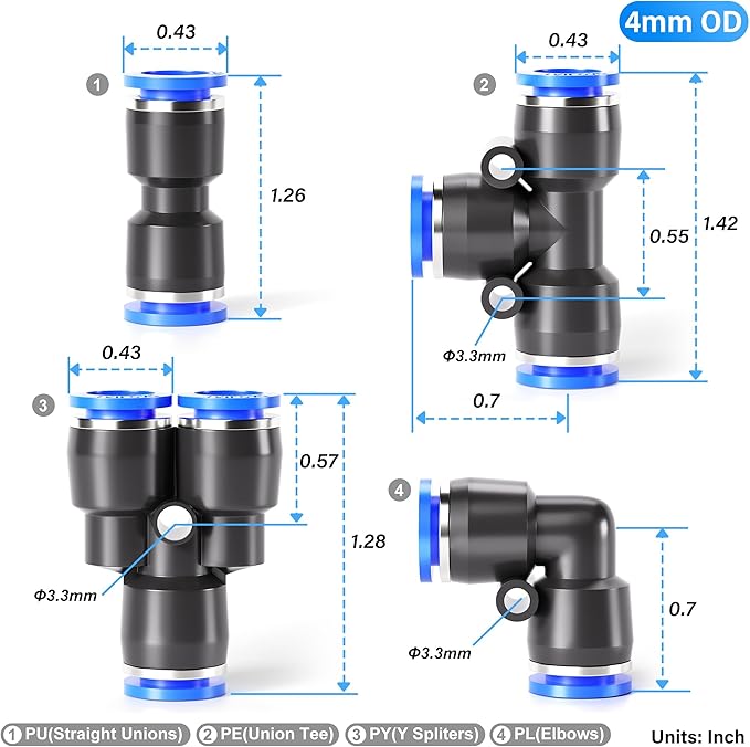TAILONZ PNEUMATIC 5/32 inch or 4mm od Push to Connect Fittings Pneumatic Fittings Kit 10 Spliters+10 Elbows+10 tee+10 Straight (40 pcs)