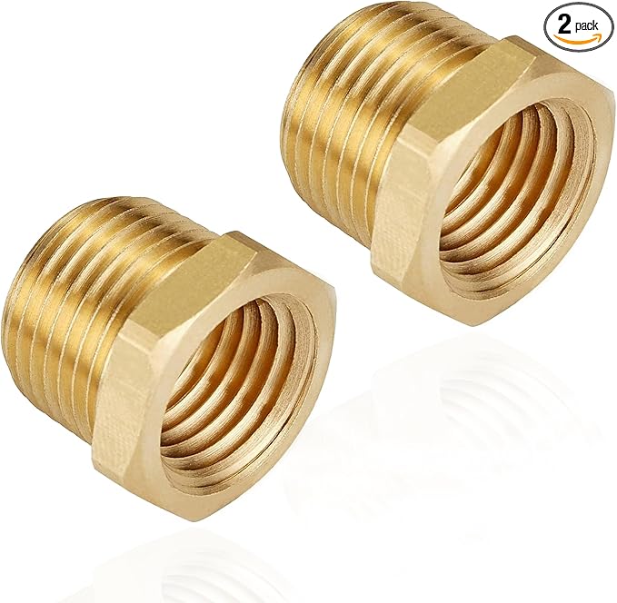 ZOUNI 2 Pcs Brass Reducer Hex Bushing, 1/2" NPT Male to 3/8" NPT Female Brass Threaded Pipe Fitting Hex Bushing, Heavy Duty Pipe Fitting Reducer Adapter (1/2"MNPT - 3/8"FNPT)