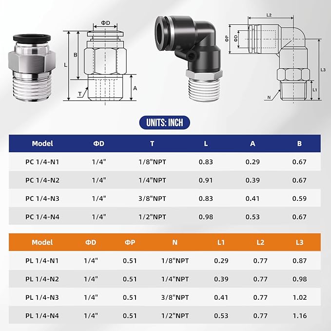 1/4" Tube OD to 1/2" NPT Thread Push to Connect Fittings,Pneumatic Quick Air Hose Fittings,Male Straight + Elbow,PC+PL(12pcs)