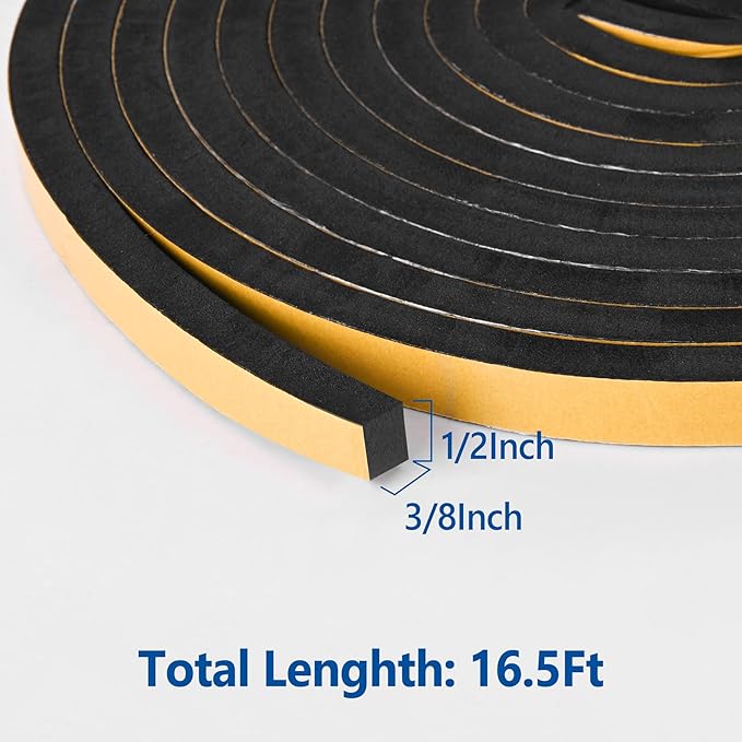Self Adhesive Foam Tape Weatherstrip 1/2in x 3/8in x 16.5Ft High Density Foam Insulation Strips Foam Seal Weather Stripping with Strong Adhesive for Door and Window Sound Isolation Soundproofing