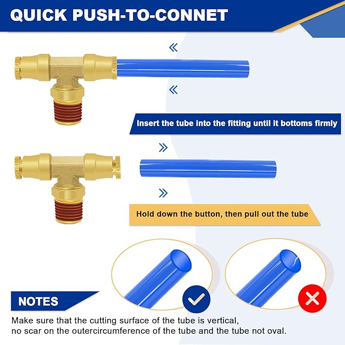 1/4" DOT Air Line Quick Connect Fittings, 3PCS Brass Push to Connect Fittings 1/4" Tube OD × 1/4" NPT Tee Union to Male Pipe Swivel for Truck Trailers Air Brake System