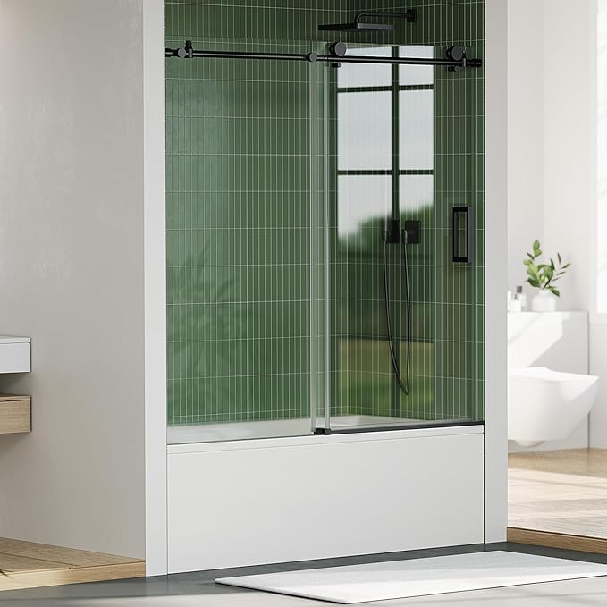 Sliding Shower Door for 56-60" x 76" Opening, 6mm Coated Tempered Glass, One Fixed & One Sliding Panel, Stainless Steel Round Rail, Matte BlackFinish, Semi-Frameless Design