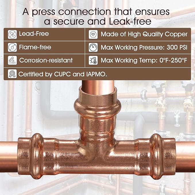 Copper Press Fittings 1/2" Copper Press Tee Fitting, Zero Lead 1/2" x 1/2" x 1/2" Coppers Presses Fit Equal Tee for Coppers Tube Connection,OD 5/8”,Use with Hydraulic Press Fitting Tool,6PCS