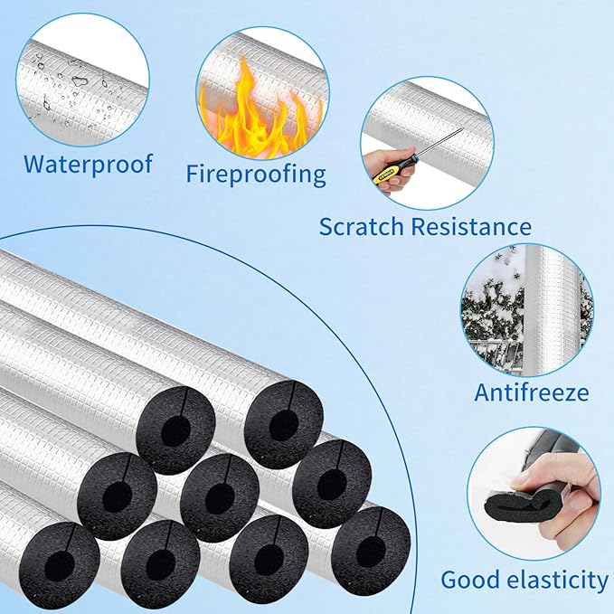 1.5 " ID Pipe Insulation Foam Tube Self Adhesive 16 " L Peel and Stick Pipe Insulation Foam Wrap Aluminum Foil Pipe Covers for Spigot, Winter Outside Pipes, Sprinkler 20 PC