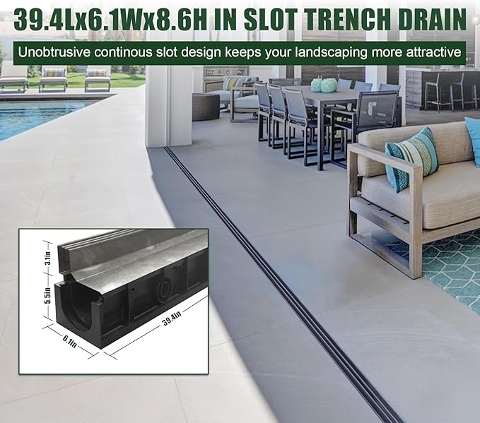 Slot Channel Drain with 304 Stainless Steel Grate-39.4Lx6.1Wx8.6H in. Deep Profile Trench Drain System for Landscaping,3 Pack Total Length 118.2in,A15 Hidden Drain Channel