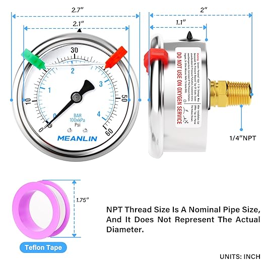 MEANLIN MEASURE 0~60Psi Liquid Filled Pressure Gauge 1/4" NPT 2.5" FACE DIAL Stainless Steel Glycerin Filled WOG Water Oil Air Back Mount (with 2PCS Snaps)