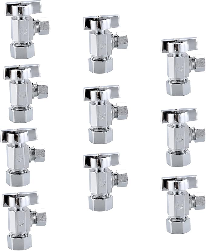 (10-Pack) Cyrret Angle Stop Shut off Valve 1/4 Quarter Turn 5/8" OD (1/2" Nominal) Compression Inlet X 3/8" OD Compression Outlet Chrome Plated Brass