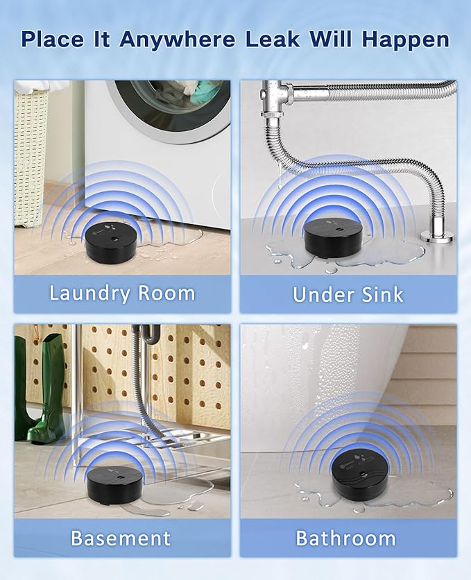 Geevon 4 Pack Water Leak Detectors, 100dB Water Sensor Alarms Flood Detector for Basements, Bathrooms, Laundry Rooms, Kitchens, Garages, and Attics, Water Alarms Battery-Operated (Battery Included)