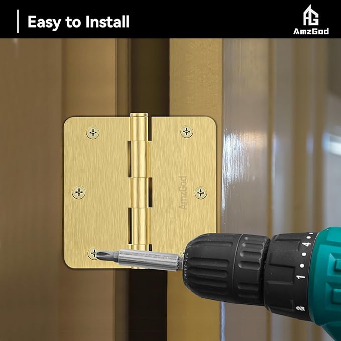 Door Hinges Satin Brass - 42 Pack Gold Door Hinges 3.5 Inch Rounded Interior Door Hinge with 1/4" Radius - 3 1/2 Inches Flat Iron Brass Hinges for Residential Standard Doors