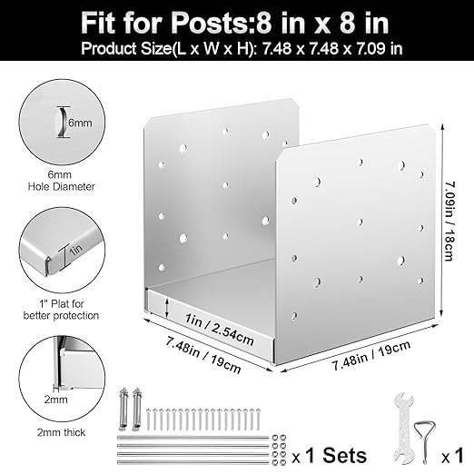 8"x 8" Post Base, 1Pcs Stainless Steel Adjustable Post Anchor Bracket(Internal 7.5" x 7.5"), Adjustable Post Base for Pavilion Deck Porch Handrail Railing Support Decorative Anchor Plate