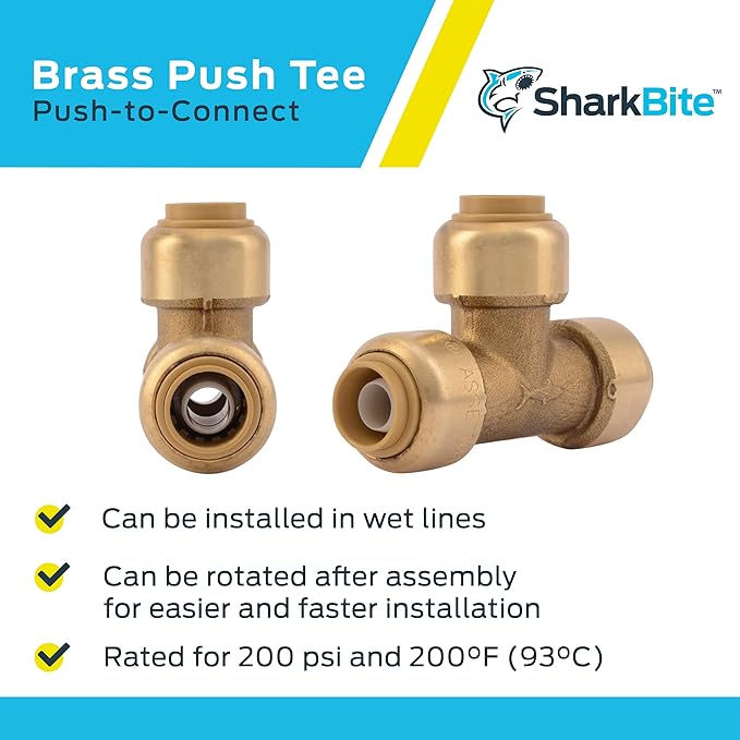 SharkBite 3/8 Inch (1/2 Inch OD) Tee, Pack of 6, Push to Connect Brass Plumbing Fitting, PEX Pipe, Copper, CPVC, PE-RT, HDPE, U360LF