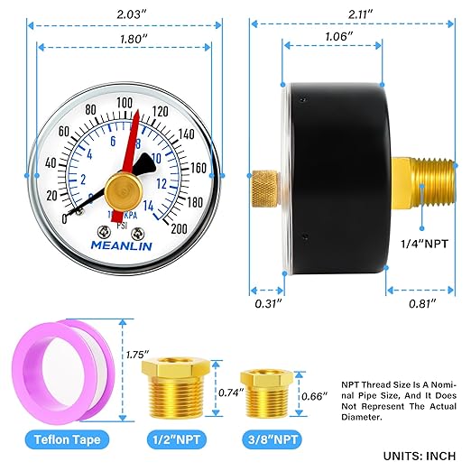 MEANLIN MEASURE 0-200Psi 2" DIAL FACE 1/4" NPT Well Pump Pressure Gauge with 1/2" NPT and 3/8" NPT Adaptor, 3-2-3% Accuracy,with Red Pointer Center Back Mount