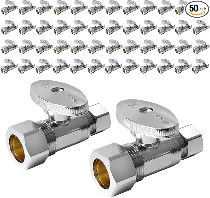 50-Pack EFIELD Straight Stop Valve 1/2" Nominal (5/8" OD) Compression x 3/8" OD, 1/4-Turn, Chrome Plated Brass,(VALVE122-50PCS)
