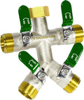 Heavy Duty Brass Garden Hose Splitter, Freeze and Sun Resistant Outdoor Faucet 4 Way Valve, Nickel Plated for Rust Resistance, 3/4” GHT (green)