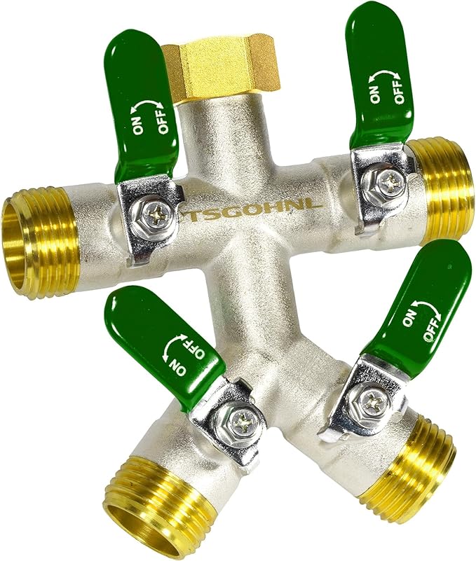 Heavy Duty Brass Garden Hose Splitter, Freeze and Sun Resistant Outdoor Faucet 4 Way Valve, Nickel Plated for Rust Resistance, 3/4” GHT (green)