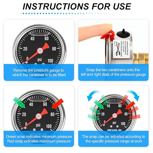MEANLIN MEASURE 0~100Psi Stainless Steel 1/8" NPT 1.5" FACE DIAL, Glycerin Filled Pressure Gauge, Liquid Filled, Back Mount with 2PCS Snaps (Black)