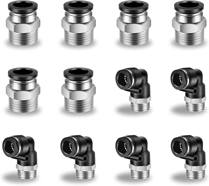 12 Pcs Push to Connect Fittings 1/2 Inch Tube OD x 1/2 Inch NPT Thread Pneumatic Male Straight and Elbow Quick Connect Air line fittings