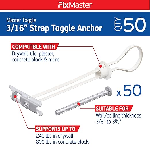 3/16" Heavy Duty Master Toggle-Bolt Strap Anchors (50 Pack) w/ 50 Steel Threaded Studs - 3/16-24 UNC Fastener Size - Great for TV mounting, 240 lb Holding Strength