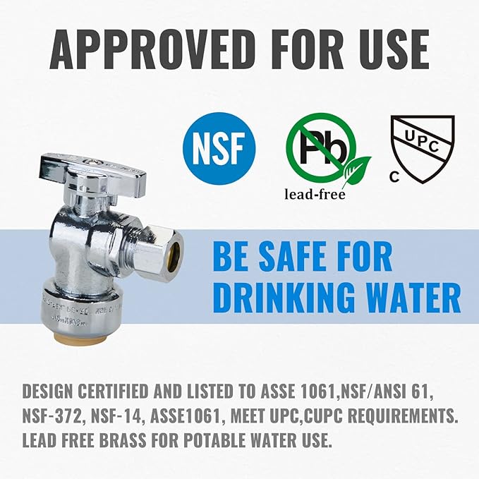 SUNGATOR 1-Pack Angle Stop Valve, Angle Water Shut Off Valve 1/2 x 3/8 Inch Compression, Toilet Water Shutoff, 1/4 Turn, No Lead Brass Push-to-Connect Plumbing Fittings for PEX Pipe, Copper, CPVC