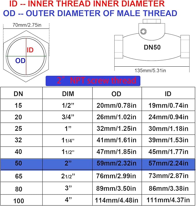 2" Stainless Steel Check Valve, NPT Threaded Horizontal Check Valve Check valve to prevent backflow, check valve for water, oil and air, also available with compressor DN50