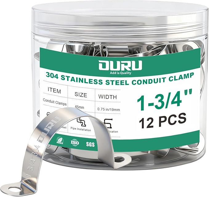 12pcs 1-3/4 Inch Conduit Clamp 304 Stainless Steel, Rigid Metal Pipe Clamp U Bracket, 2 Holes Pipe Strap for Automotive, Wire & Tube