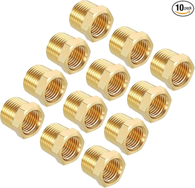 Pack of 10, 3/8" NPT Male to 1/4" NPT FeMale Solid Brass Hex Bushing, Hose Fittings Adapter Reducer Fit for Pipe Leak Repair, Bathroom Remodeling, Tool Extensions, Compression