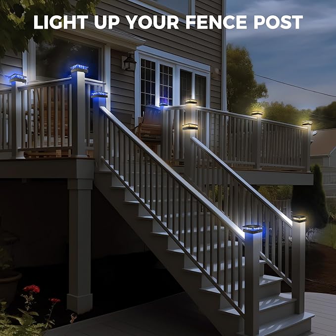 Peasur 4 Packs 4x4 Solar Post Lights Outdoor, Blue & Warm White LED Fence Caps Light Waterproof, Wood & Vinyl Post Top Lighting for Deck Mailbox Railing Porch Outside