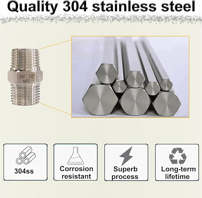 3/8" x 3/8" Male Hex Nipple Pipe Fittings, 304 Stainless Steel 3/8 inch NPT Male Threaded Pipe Adapter Fittings Equal Nipples Connectors, Adapter for 5/8” ID Pipe Connector (3/8“, 2pcs)