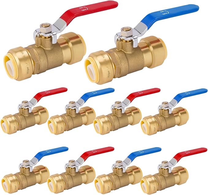 HeSun 10-PCs 3/4 Inch Push Fit PEX Ball Valve, Push-to-Connect Full Port Shut-off Valve for Hot and Cold Water,with 2 Disconnect Clips, PEX,Copper,CPVC, Blue & Red