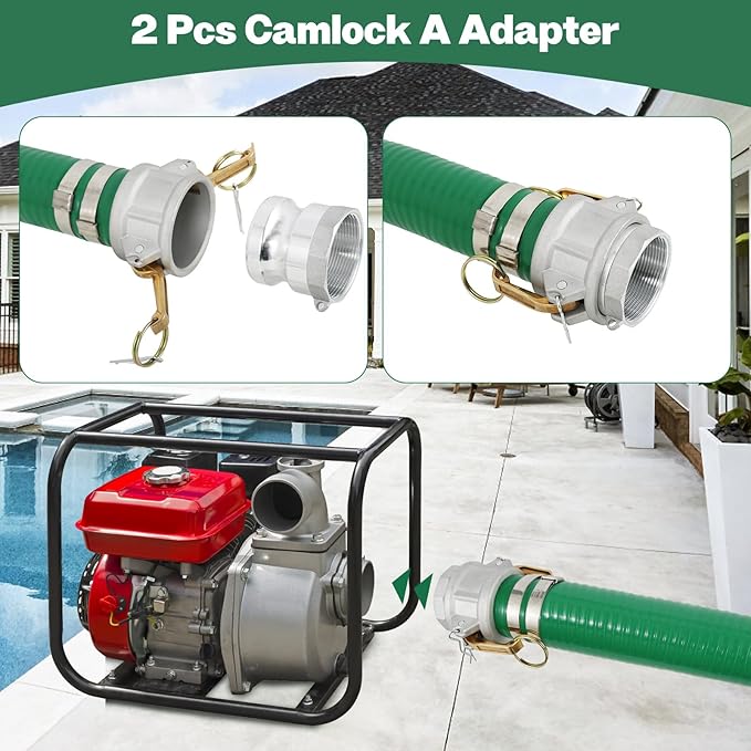 Heavy Duty 2" x 20' Green PVC Discharge Hose Pump Kit, Pool Suction Hose with Aluminum Camlock Fittings, Steel Round Strainer, Cam & Groove Adapter