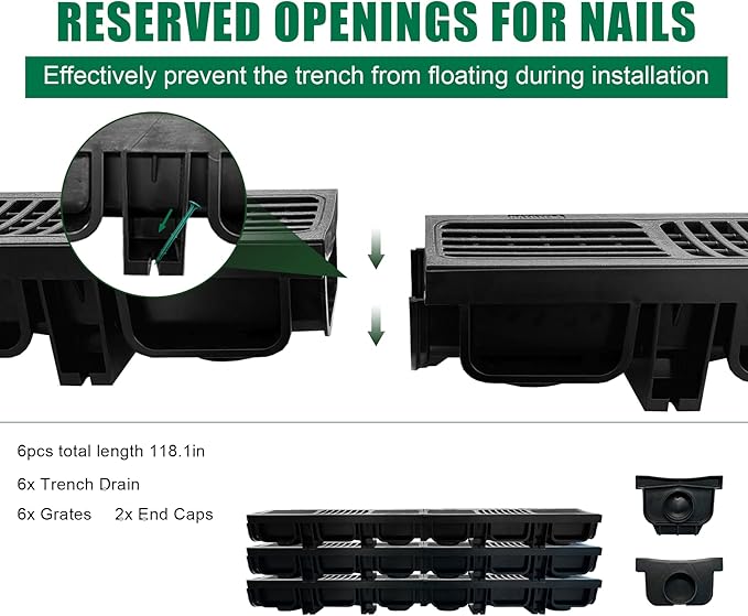 B Class Driveway Channel Drain with HDPE Grate-19.7Lx5.5Wx3.9H in. Shallow Profile Trench Drain System,6 Pack Total Length 118.2in,Heavy Duty Trench Drain for Garage,Parking Lot,Concrete