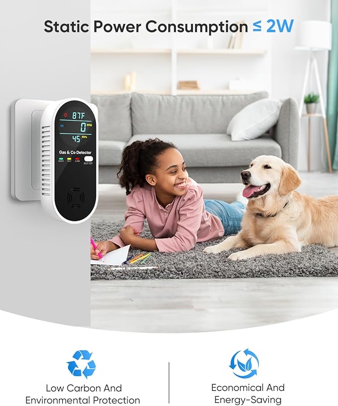 Carbon Monoxide Detectors and Natural Gas Detector, 4-in-1 Carbon Monoxide Detectors Plug in, Gas Leak Detector with Dual Alarms, Temperature & Humidity Sensor for Home, RV, Black, 2 Packs