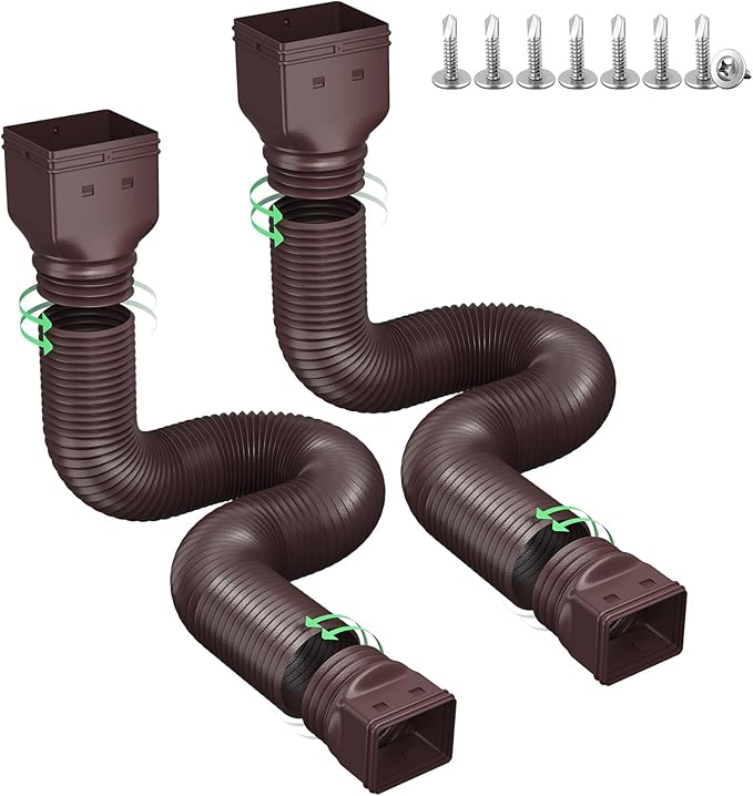 Rain Gutter Downspout Extensions, Downspout Extender for Rainwater Drainage Flexible, Down Spout Drain Extension Pipe and Extendable from 21 to 66 Inches (2 Pack, Brown)