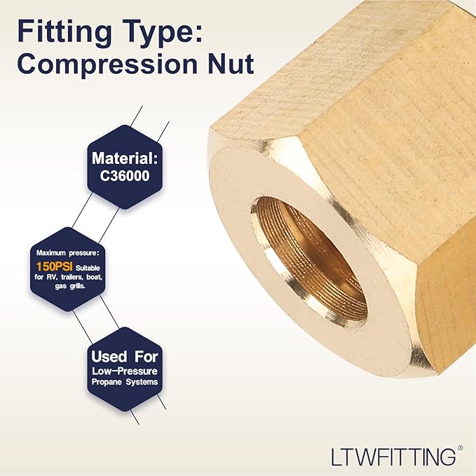 LTWFITTING 1/4-Inch Brass Compression Nut,Brass Compression Fitting(Pack of 1000)