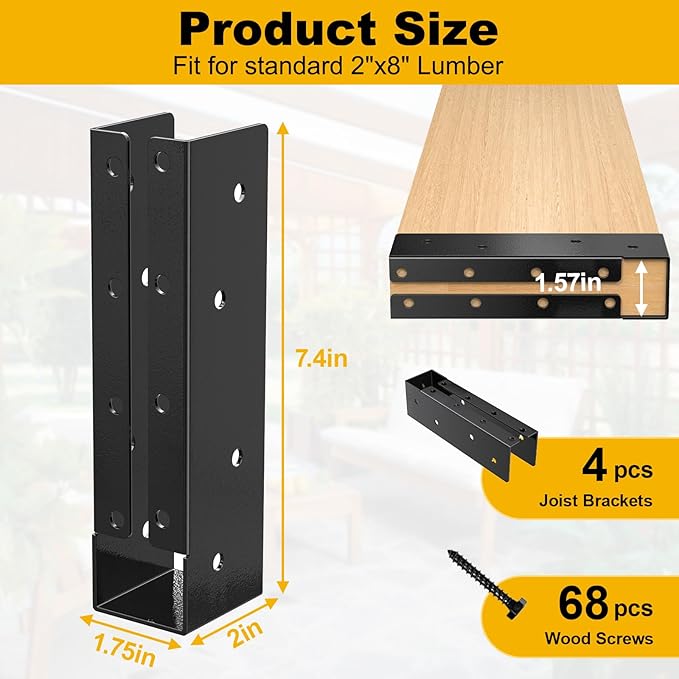 Concealed Joist Hanger , Outdoor Concealed-Flange Joist Bracket with Screws, Q235B Steel Powder Coated Concealed Mount Light Joist Hangers for Beam, Swing, Handrail, Fence (4PCS, 2X8)