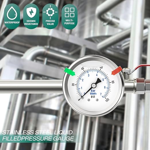0-100PSI Stainless Steel Liquid Filled Pressure Gauge, 2.5" Dial Size, 1/4" NPT 316 Stainless Steel Joint, Back Mount, for Tube, Water Pump, Gas, Liquid (with Range Mark Pointer)