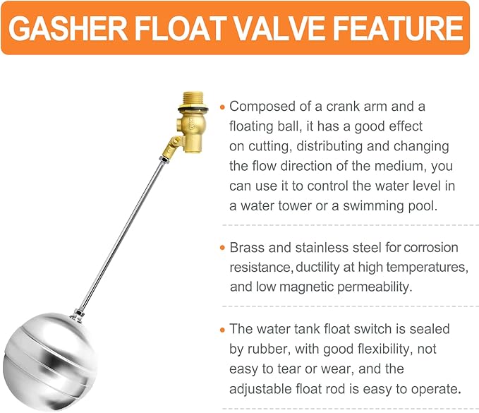 GASHER 1PCS 3/4" 304 Stainless Steel Float Ball Valve with 3/4"G Female x 3/4"NPT Male Adapter, DN20 Adjustable Water Tank Float Ball Valve for Stock Tank Pool Water Level Control