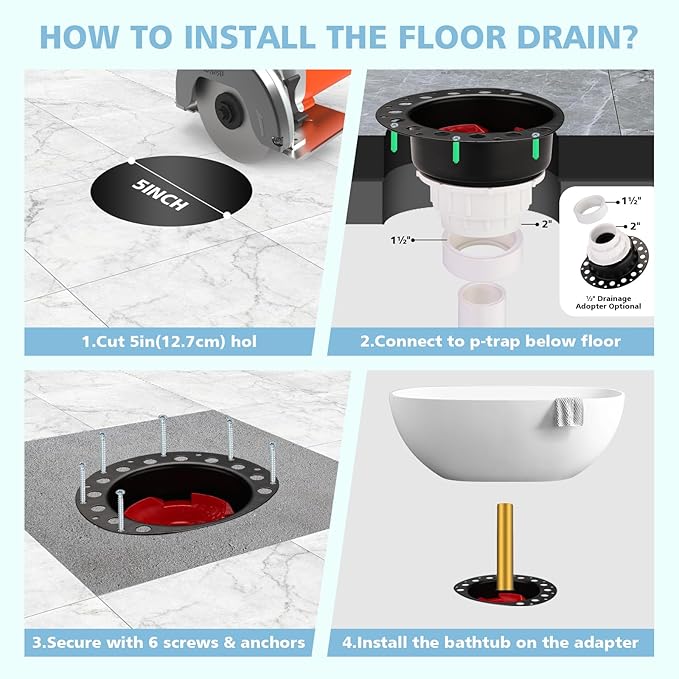 Freestanding Tub Drain Rough-in Kit, Bathtub Drain Kit with PVC Plastic Adapter and Brass Tail Pipes, Compatible with Freestanding Bathtub, Floor Mounted Bathtub and Copper Bathtub
