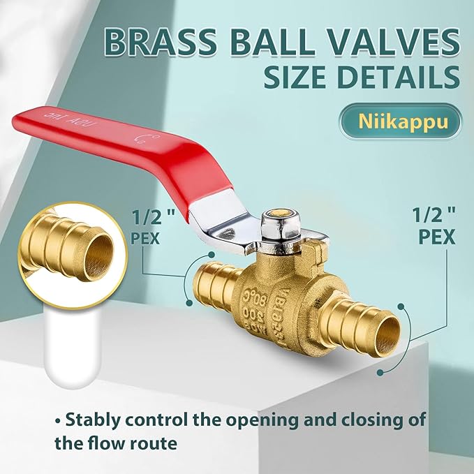 50 Pack Ball Valves, 1/2" Pex Crimp Shut Off Valve Red, Brass Full Port Pex B Shut Off Ball Valve for Hot and Cold Water, NSF/ANSI 61 Certified