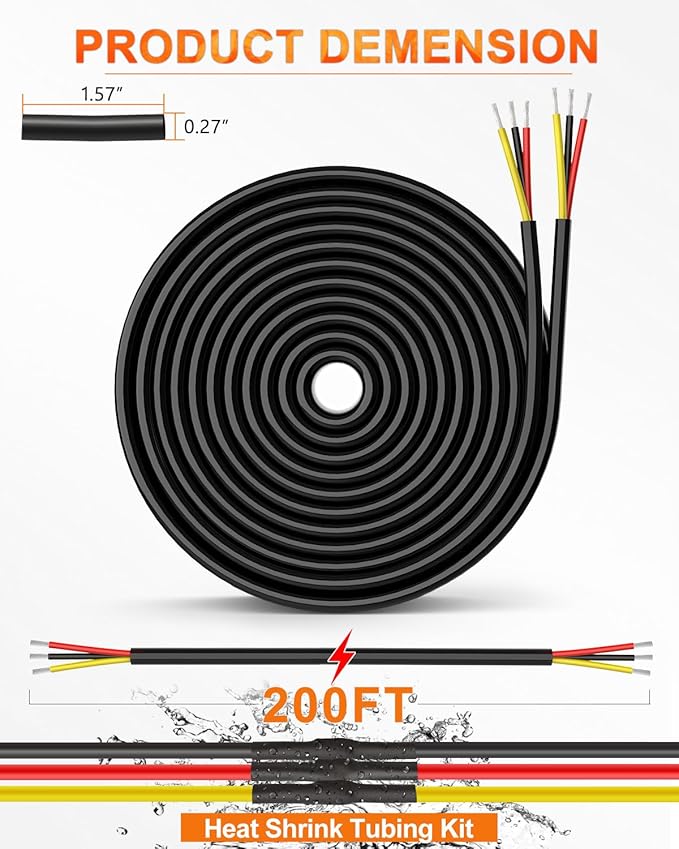 NAOEVO 16 Gauge Wire 3 Conductor Electrical Wire, 16 AWG Stranded PVC Cord, 12V Low Voltage/Tinned Copper/Flexible Cable for Automotive Wiring, Lamp Cord, Marine Cable (200FT)