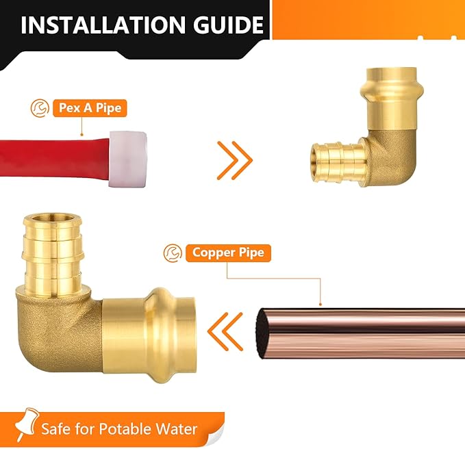 10-Pack HeSun Copper Press Fitting Elbow, 1/2" PRESS X 1/2" PEX-A F1960 Expansion Elbow, LF Brass