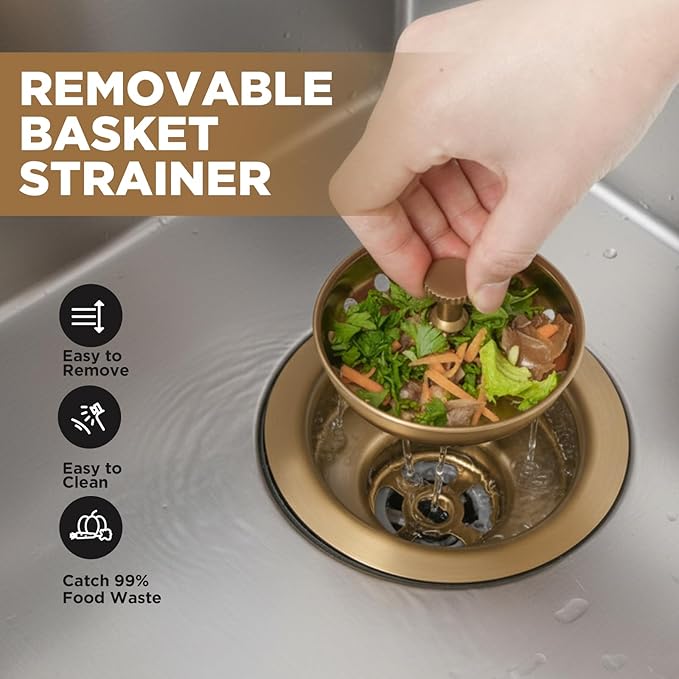 LEIFIDE 2 Pcs Champagne Brown Kitchen Sink Drain - Fit 3.5 Inch Standard Sink 304 Stainless Steel Brushed Brass Drain Strainer Basket with Knob Rubber Stopper Bottom