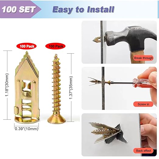 200 PCS Self Drilling Drywall Anchors with Screws, Upgraded Zinc Plated Steel Self Drilling Anchors, Easy Application No Drilling Required (100 pcs Steel Anchors and 100 pcs zinc Screws)