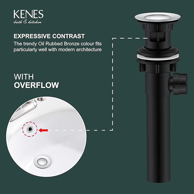 KENES Bathroom Sink Drain Stopper with Lift Rod, Chrome Sink Drain with Overflow, Lavatory Pop Up Drain Assembly for Bathroom Vanity Sink, LJ-P701-5