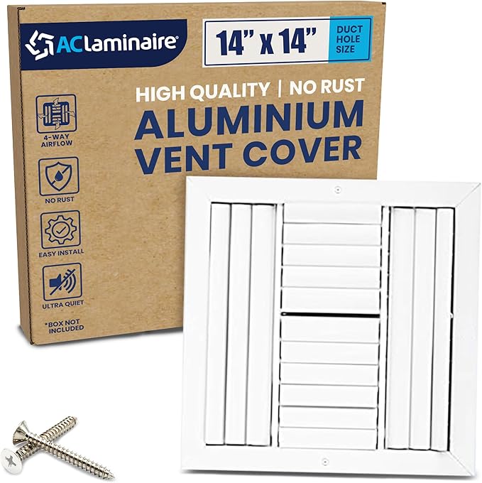 14x14 Inch (Duct Opening) Aluminum 4-Way Air Flow Vent – HVAC Vent Cover for Wall or Ceiling – Quiet HVAC Wall Register - Multi-Shutter Damper – Adjustable Curved Blade - Plastic Seal for Tight Fit