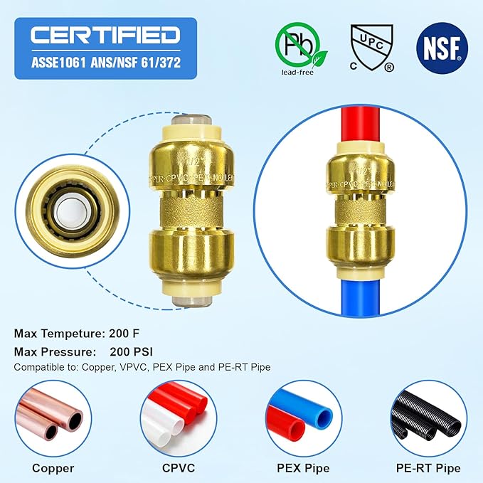 Pushfit Plumbing Fittings 1/2 Inch,Brass Push Fittings 1/2 Inch for Pex,Copper,CPVC,12PCS Coupling,10PCS Elbow,4PCS Tee Fitting,2PCS End Cap, Pack of 28 with Pipe Cutter,Deburring Tool,Disconnect Clip