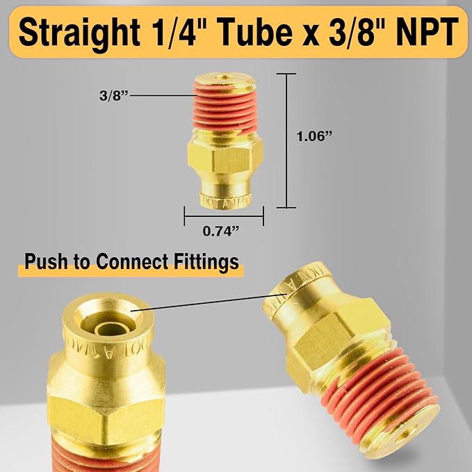 1/4" DOT Air Fittings,DOT Brass Push to Connect Fitting, Air Brake Line Fittings Connector - Male Straight 1/4" Tube OD x 3/8" NPT for Trucks Trailers Use and Air System (5PCS)