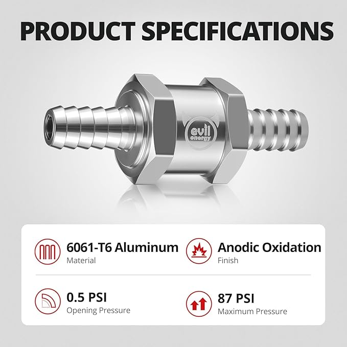 EVIL ENERGY 5/16" (8mm) Check Valve, 2 Pcs Aluminum One Way Fuel Check Valve for Gasoline, Diesel & Coolant with Universal Hose Clamps, Silver